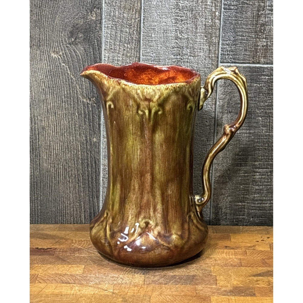 Vintage 1960s 70s Studio Art Pottery Pitcher Brown Amber Drip Glaze Signed M